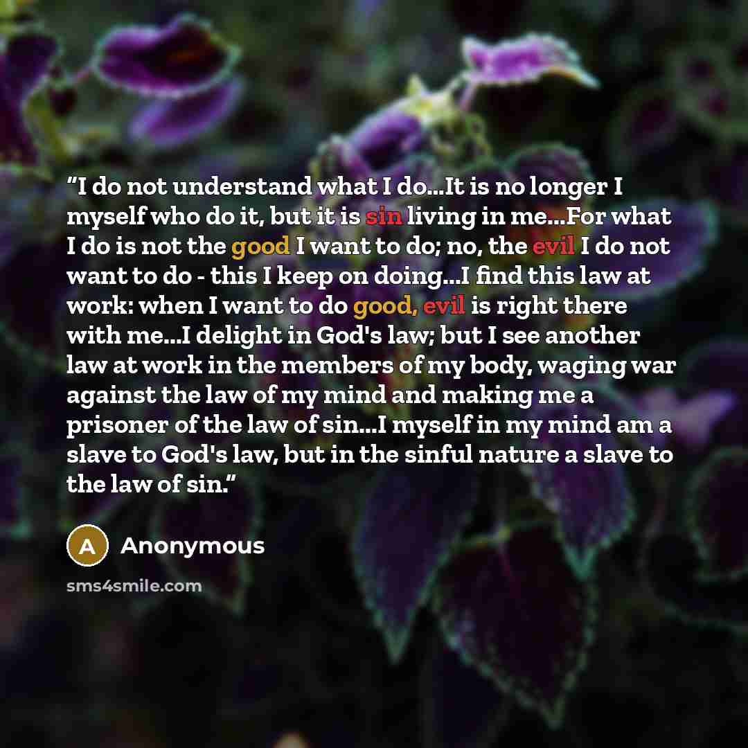 “I do not understand what I do…It is no longer I myself who do it, but it is sin living in me...For what I do is not the good I want to do; no, the evil I do not want to do - this I keep on doing...I find this law at work: when I want to do good, evil is right there with me...I delight in God's…” quote by Anonymous