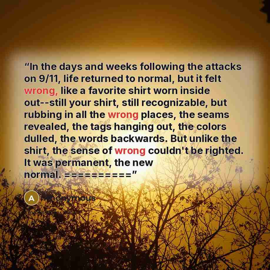 “In the days and weeks following the attacks on 9/11, life returned to normal, but it felt wrong, like a favorite shirt worn inside out--still your shirt, still recognizable, but rubbing in all the wrong places, the seams revealed, the tags hanging out, the colors dulled, the words backwards. But…” quote by Anonymous