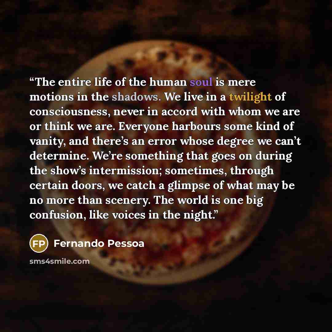 “The entire life of the human soul is mere motions in the shadows. We live in a twilight of consciousness, never in accord with whom we are or think we are. Everyone harbours some kind of vanity, and there’s an error whose degree we can’t determine. We’re something that goes on during the show’s…” quote by Fernando Pessoa