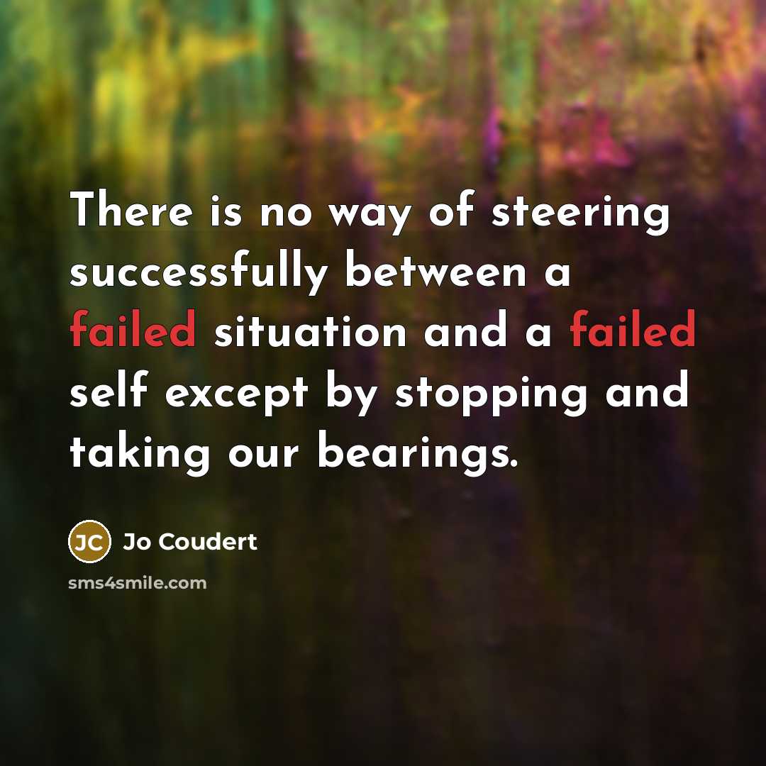 “There is no way of steering successfully between a failed situation and a failed self except by stopping and taking our bearings.” quote by Jo Coudert