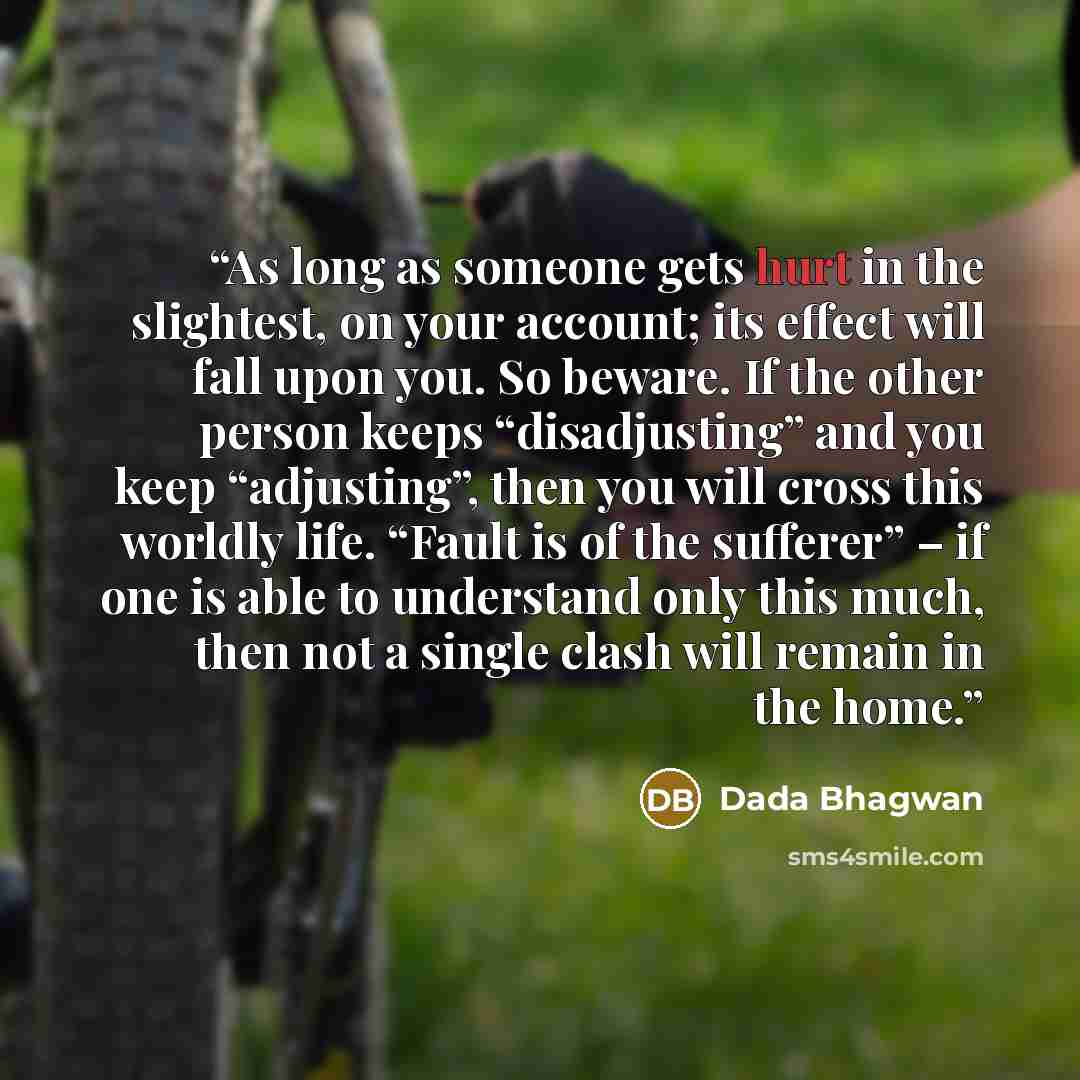 “As long as someone gets hurt in the slightest, on your account; its effect will fall upon you. So beware. If the other person keeps “disadjusting” and you keep “adjusting”, then you will cross this worldly life. “Fault is of the sufferer” – if one is able to understand only this much, then not a…” quote by Dada Bhagwan
