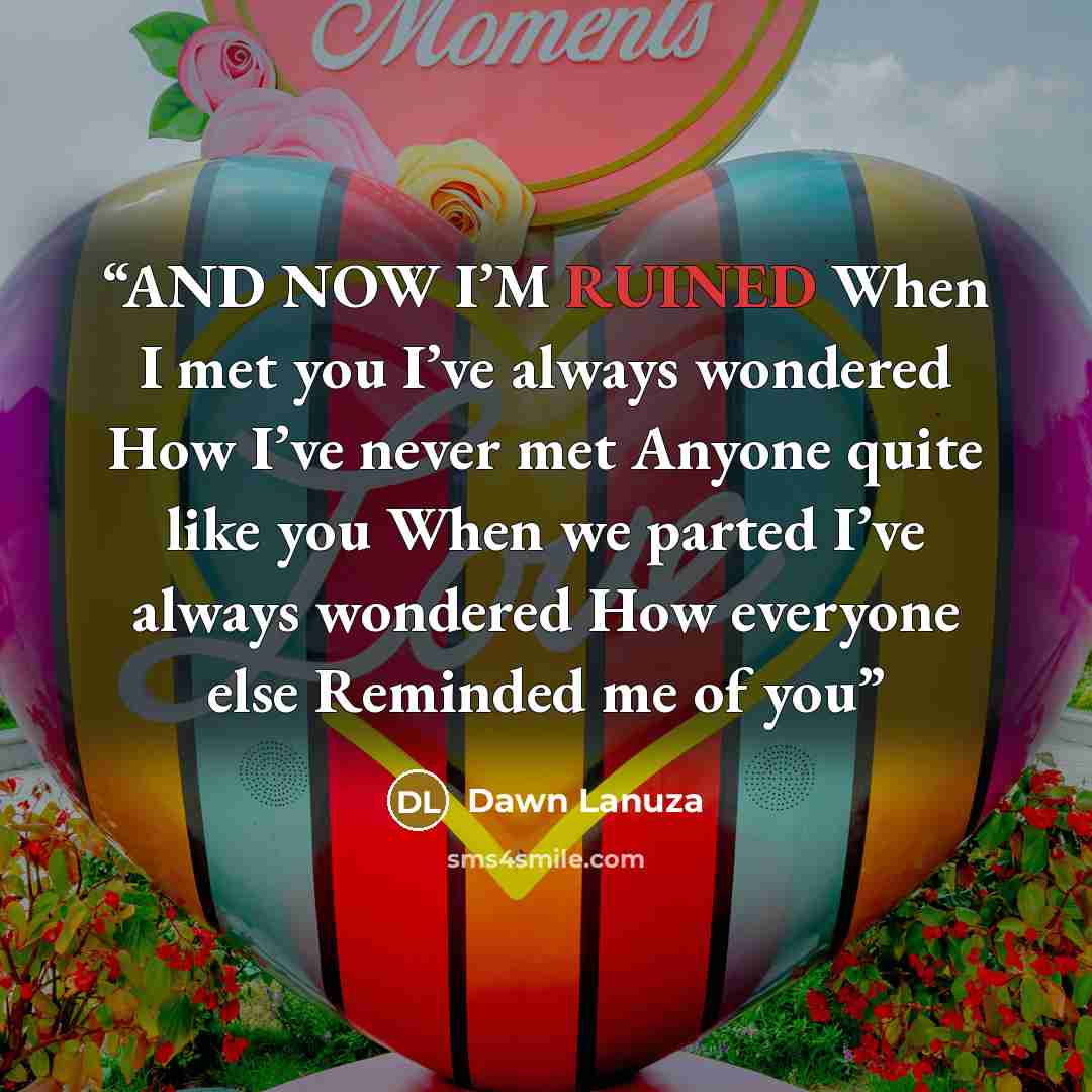 “AND NOW I’M RUINED When I met you I’ve always wondered How I’ve never met Anyone quite like you When we parted I’ve always wondered How everyone else Reminded me of you” quote by Dawn Lanuza