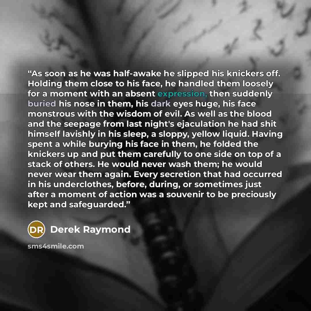 “As soon as he was half-awake he slipped his knickers off. Holding them close to his face, he handled them loosely for a moment with an absent expression, then suddenly buried his nose in them, his dark eyes huge, his face monstrous with the wisdom of evil. As well as the blood and the seepage from…” quote by Derek Raymond