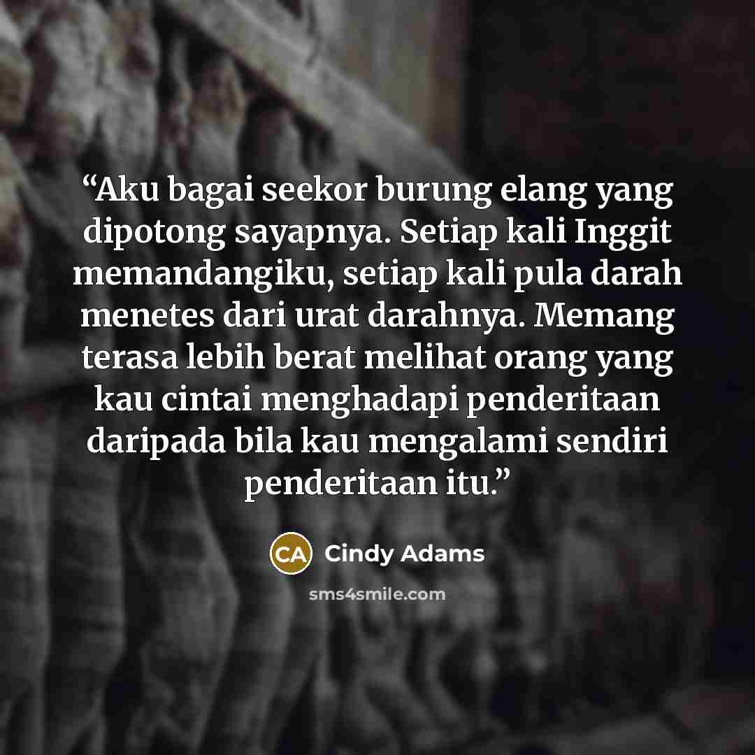 “Aku bagai seekor burung elang yang dipotong sayapnya. Setiap kali Inggit memandangiku, setiap kali pula darah menetes dari urat darahnya. Memang terasa lebih berat melihat orang yang kau cintai menghadapi penderitaan daripada bila kau mengalami sendiri penderitaan itu.” quote by Cindy Adams