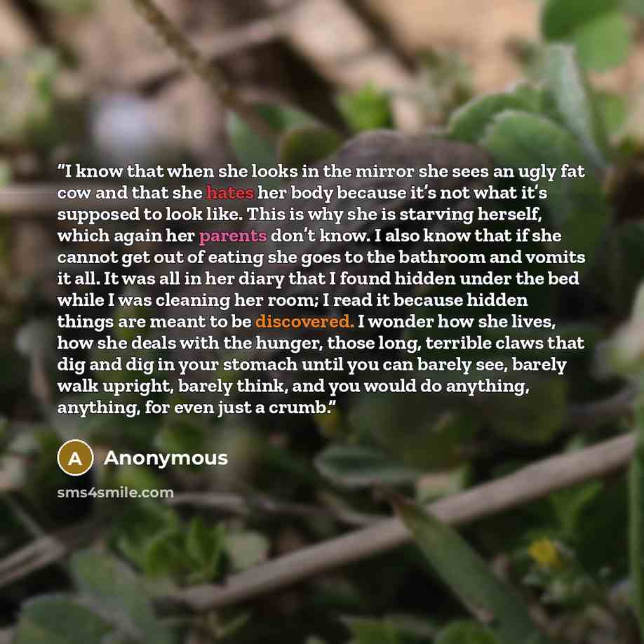 “I know that when she looks in the mirror she sees an ugly fat cow and that she hates her body because it’s not what it’s supposed to look like. This is why she is starving herself, which again her parents don’t know. I also know that if she cannot get out of eating she goes to the bathroom and…” quote by Anonymous
