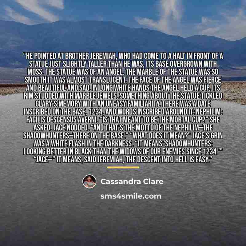 “He pointed at Brother Jeremiah, who had come to a halt in front of a statue just slightly taller than he was, its base overgrown with moss. The statue was of an angel. The marble of the statue was so smooth it was almost translucent. The face of the angel was fierce and beautiful and sad. In long…” quote by Cassandra Clare