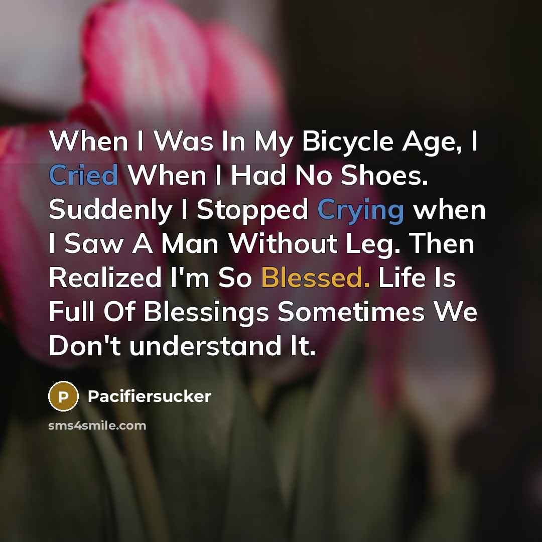 “When I Was In My Bicycle Age, I Cried When I Had No Shoes. Suddenly I Stopped Crying when I Saw A Man Without Leg. Then Realized I'm So Blessed. Life Is Full Of Blessings Sometimes We Don't understand It.” quote by Pacifiersucker
