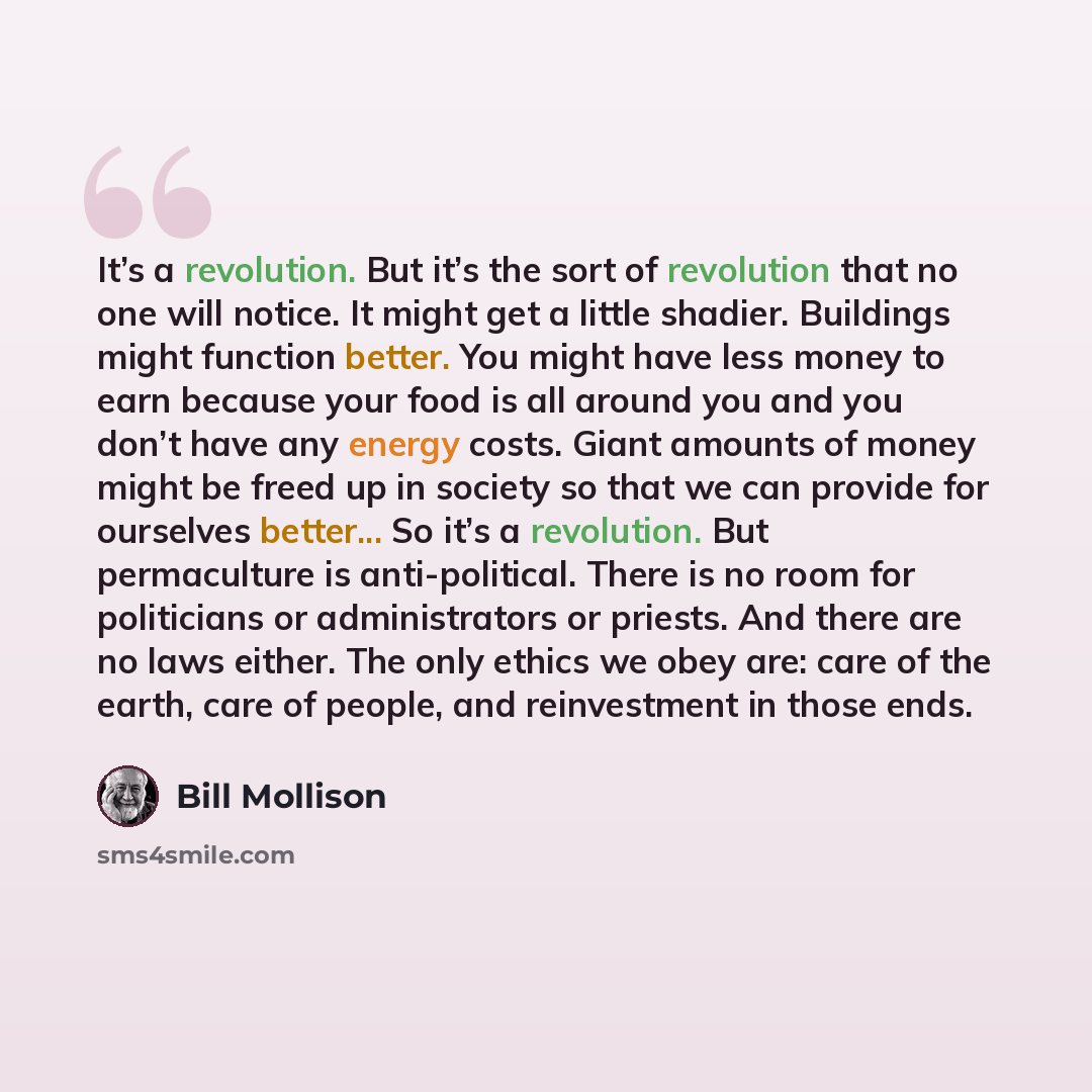 “It’s a revolution. But it’s the sort of revolution that no one will notice. It might get a little shadier. Buildings might function better. You might have less money to earn because your food is all around you and you don’t have any energy costs. Giant amounts of money might be freed up in society…” quote by Bill Mollison