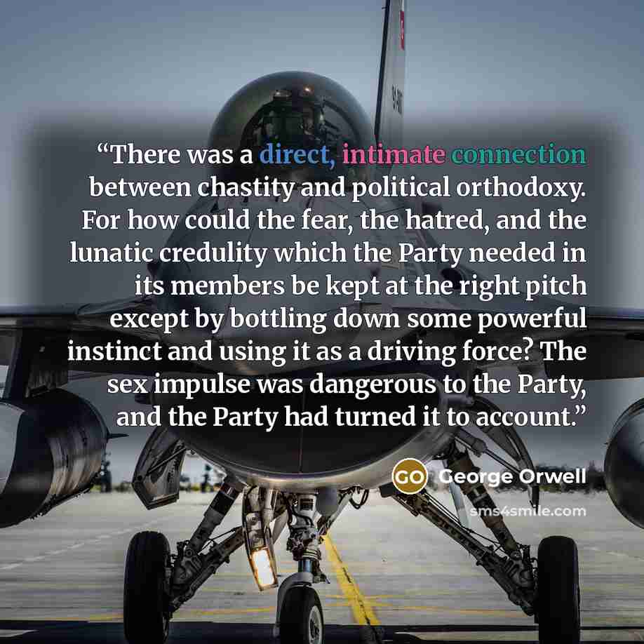 “There was a direct, intimate connection between chastity and political orthodoxy. For how could the fear, the hatred, and the lunatic credulity which the Party needed in its members be kept at the right pitch except by bottling down some powerful instinct and using it as a driving force? The sex…” quote by George Orwell