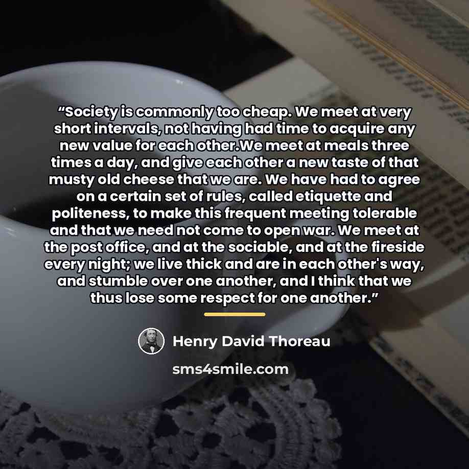 “Society is commonly too cheap. We meet at very short intervals, not having had time to acquire any new value for each other.We meet at meals three times a day, and give each other a new taste of that musty old cheese that we are. We have had to agree on a certain set of rules, called etiquette and…” quote by Henry David Thoreau