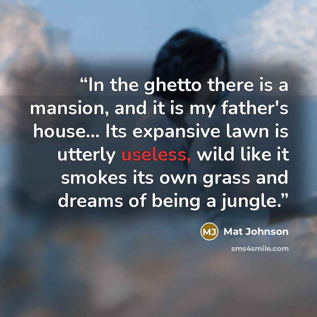 “In the ghetto there is a mansion, and it is my father's house... Its expansive lawn is utterly useless, wild like it smokes its own grass and dreams of being a jungle.” quote by Mat Johnson