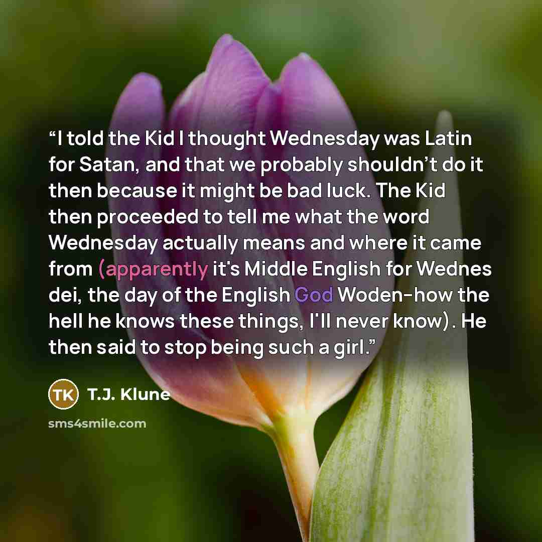 “I told the Kid I thought Wednesday was Latin for Satan, and that we probably shouldn't do it then because it might be bad luck. The Kid then proceeded to tell me what the word Wednesday actually means and where it came from (apparently it's Middle English for Wednes dei, the day of the English God…” quote by T.J. Klune