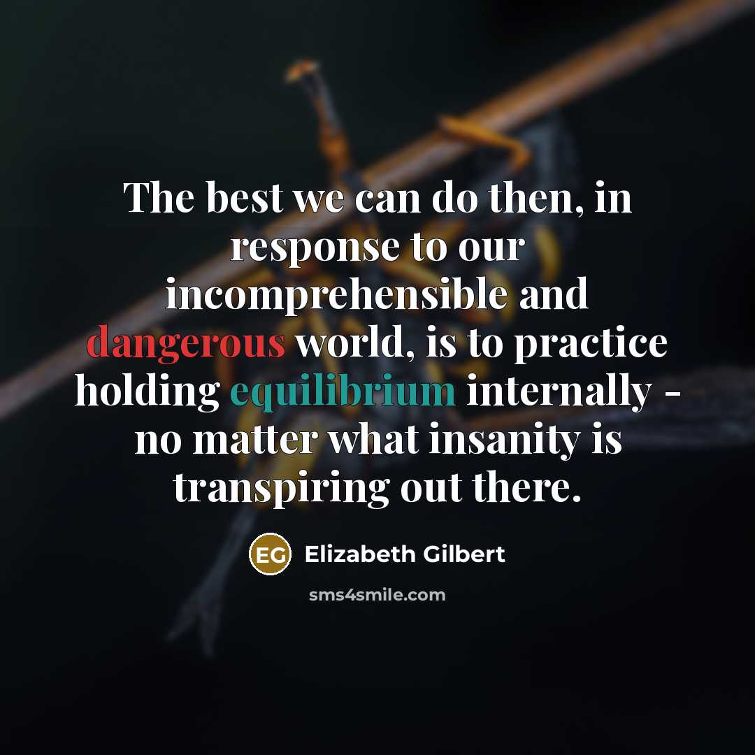 “The best we can do then, in response to our incomprehensible and dangerous world, is to practice holding equilibrium internally - no matter what insanity is transpiring out there.” quote by Elizabeth Gilbert