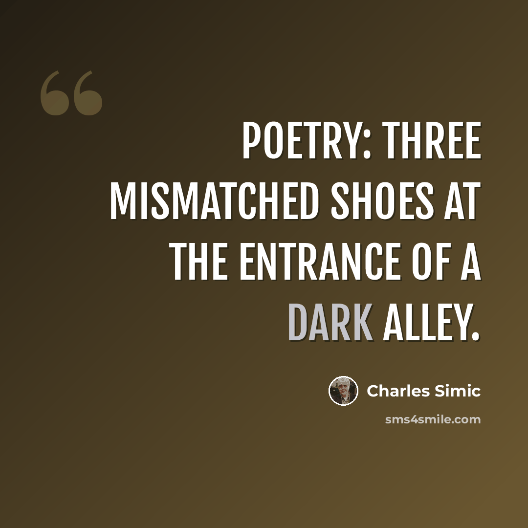 “Poetry: three mismatched shoes at the entrance of a dark alley.” quote by Charles Simic