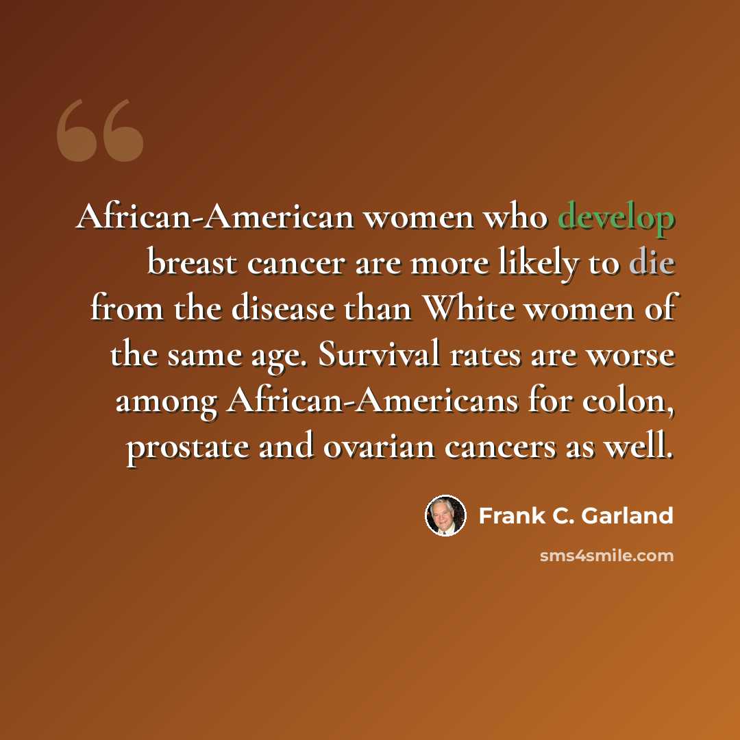 “African-American women who develop breast cancer are more likely to die from the disease than White women of the same age. Survival rates are worse among African-Americans for colon, prostate and ovarian cancers as well.” quote by Frank C. Garland