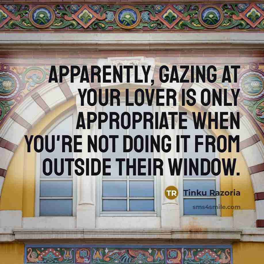 “Apparently, gazing at your lover is only appropriate when you're not doing it from outside their window.” quote by Tinku Razoria