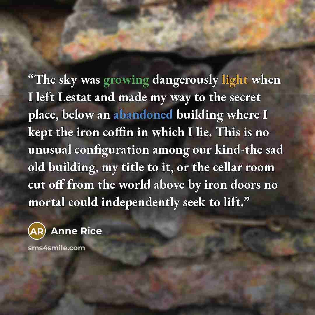 “The sky was growing dangerously light when I left Lestat and made my way to the secret place, below an abandoned building where I kept the iron coffin in which I lie. This is no unusual configuration among our kind-the sad old building, my title to it, or the cellar room cut off from the world…” quote by Anne Rice
