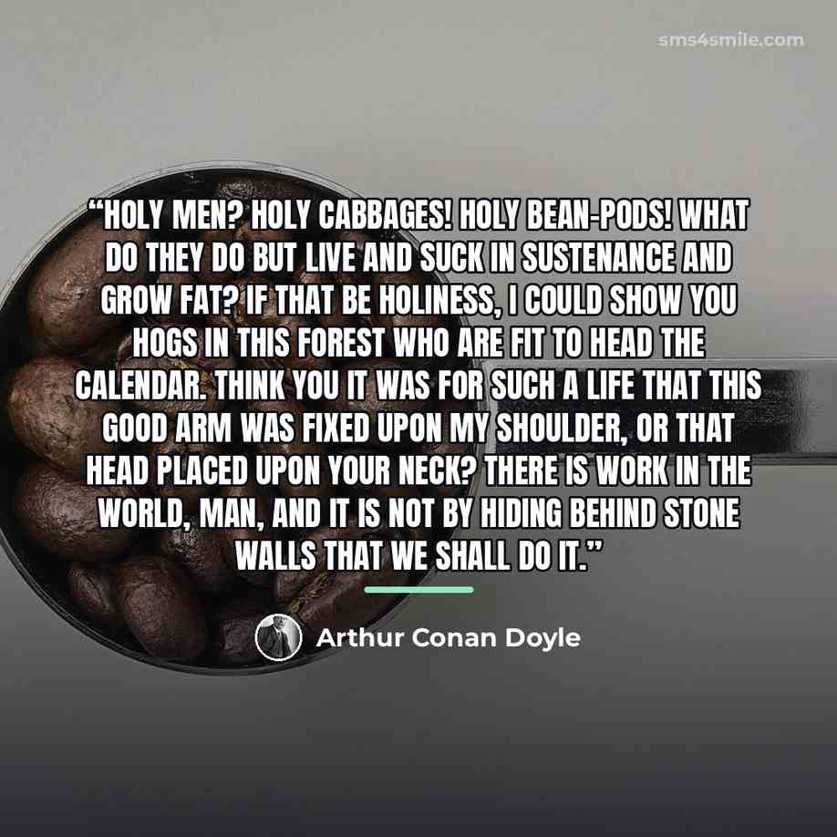 “Holy men? Holy cabbages! Holy bean-pods! What do they do but live and suck in sustenance and grow fat? If that be holiness, I could show you hogs in this forest who are fit to head the calendar. Think you it was for such a life that this good arm was fixed upon my shoulder, or that head placed…” quote by Arthur Conan Doyle