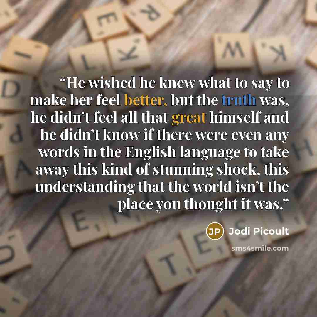 “He wished he knew what to say to make her feel better, but the truth was, he didn’t feel all that great himself and he didn’t know if there were even any words in the English language to take away this kind of stunning shock, this understanding that the world isn’t the place you thought it was.” quote by Jodi Picoult