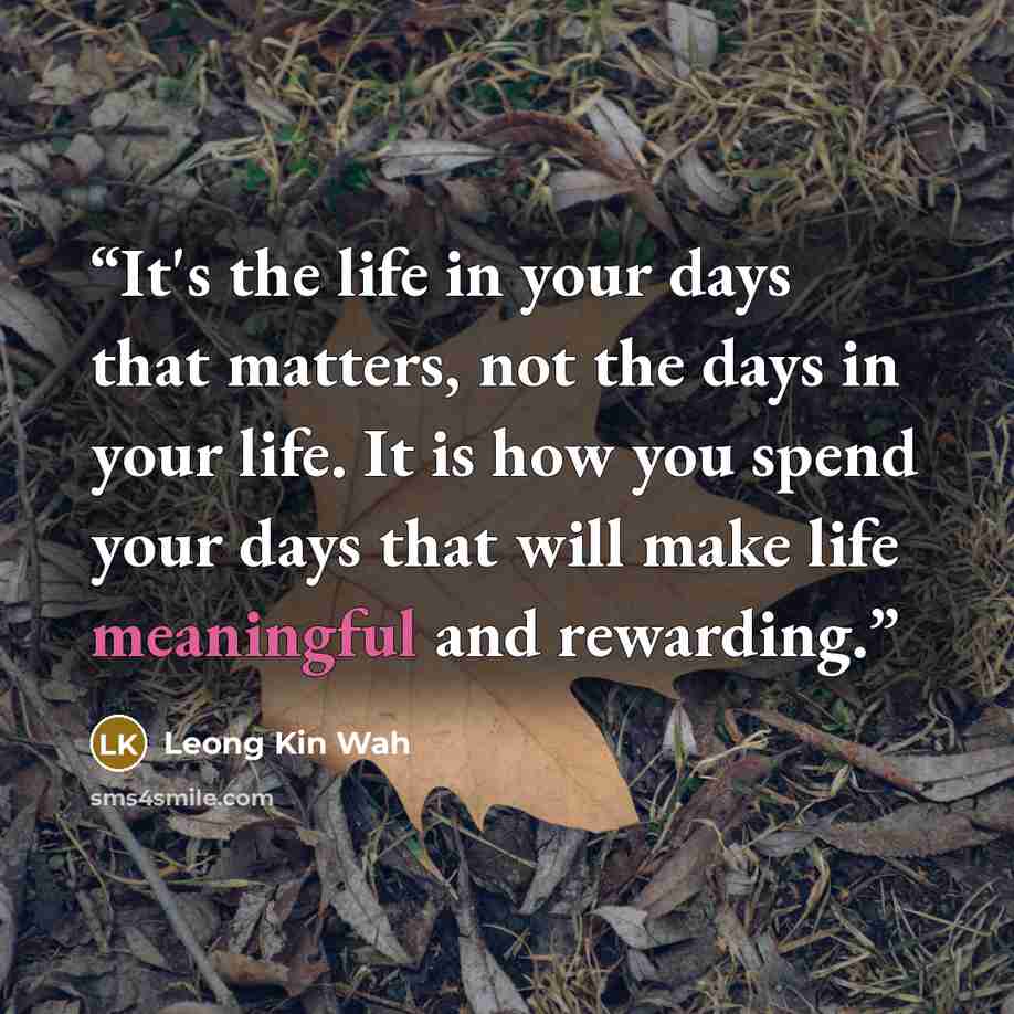 “It's the life in your days that matters, not the days in your life. It is how you spend your days that will make life meaningful and rewarding.” quote by Leong Kin Wah