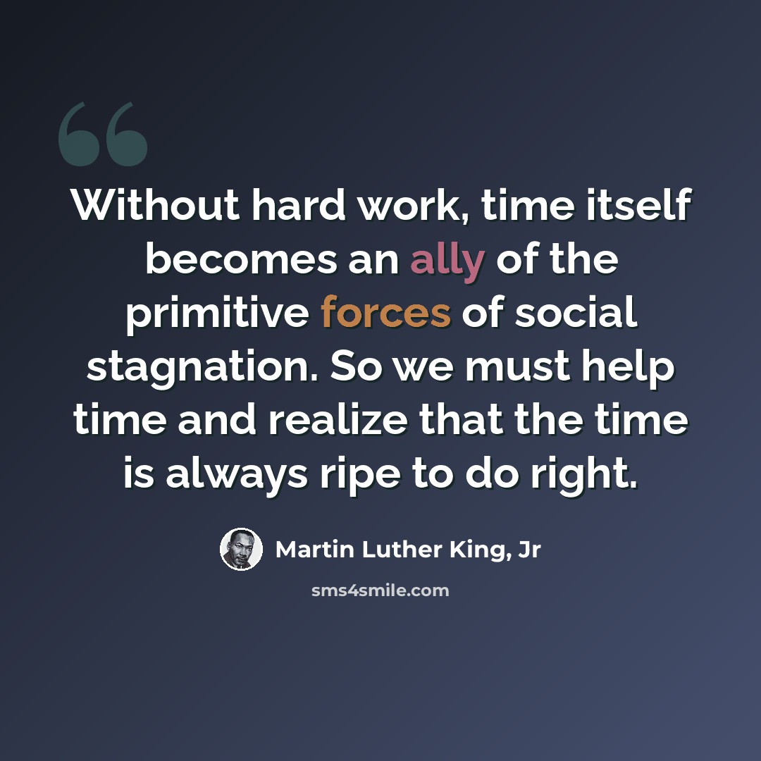 “Without hard work, time itself becomes an ally of the primitive forces of social stagnation. So we must help time and realize that the time is always ripe to do right.” quote by Martin Luther King, Jr