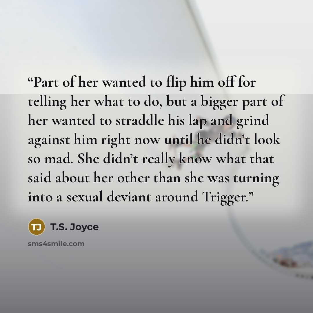 “Part of her wanted to flip him off for telling her what to do, but a bigger part of her wanted to straddle his lap and grind against him right now until he didn’t look so mad. She didn’t really know what that said about her other than she was turning into a sexual deviant around Trigger.” quote by T.S. Joyce