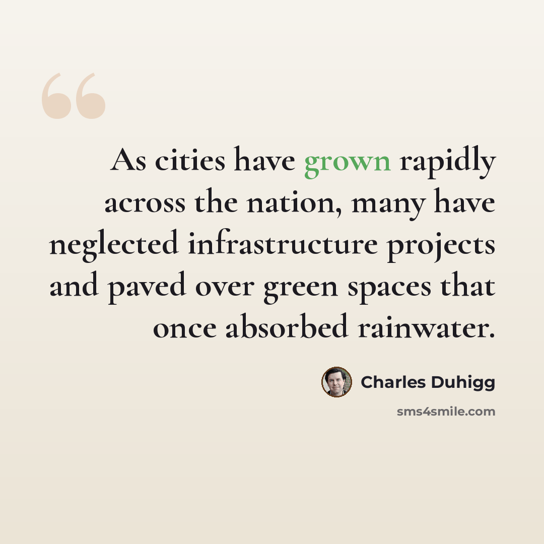 “As cities have grown rapidly across the nation, many have neglected infrastructure projects and paved over green spaces that once absorbed rainwater.” quote by Charles Duhigg