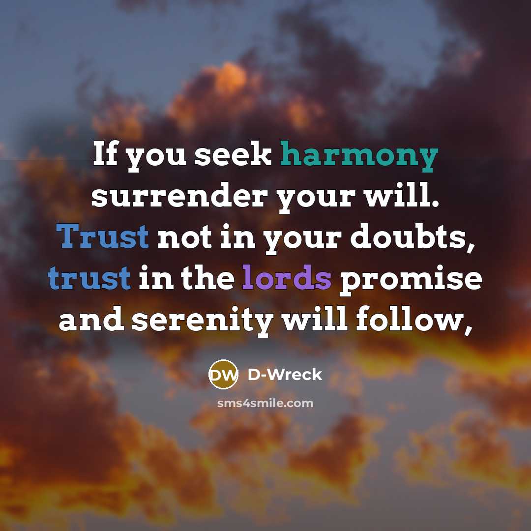 “If you seek harmony surrender your will. Trust not in your doubts, trust in the lords promise and serenity will follow,” quote by D-Wreck