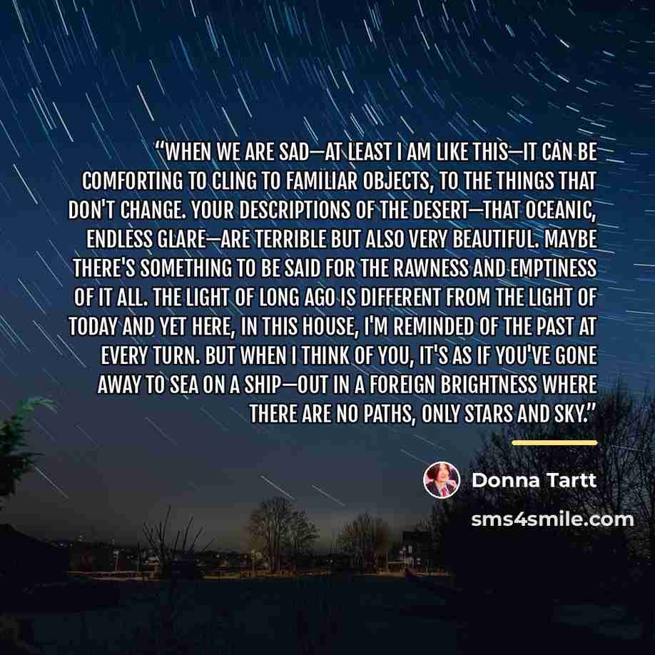 “When we are sad—at least I am like this—it can be comforting to cling to familiar objects, to the things that don't change. Your descriptions of the desert—that oceanic, endless glare—are terrible but also very beautiful. Maybe there's something to be said for the rawness and emptiness of it all…” quote by Donna Tartt
