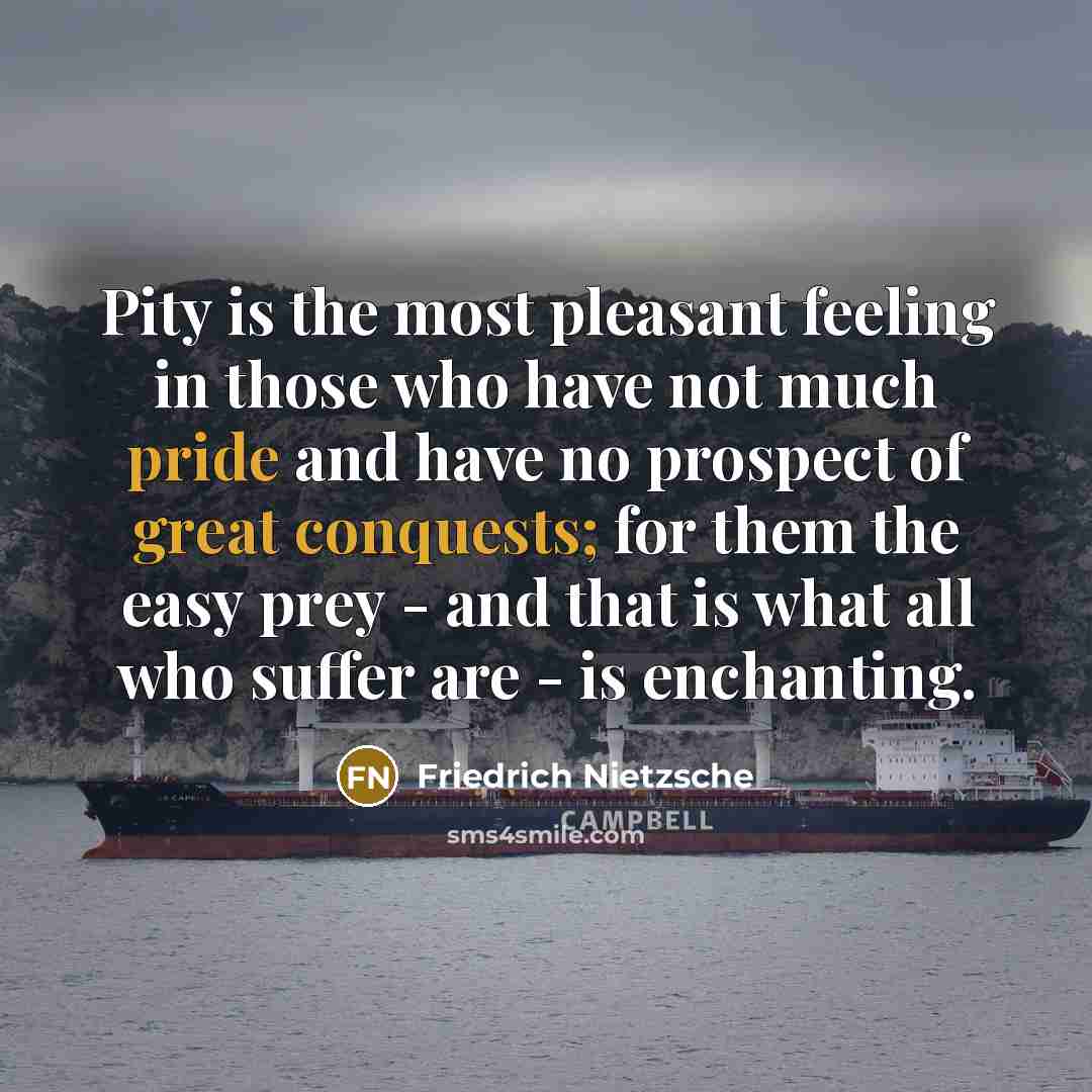 “Pity is the most pleasant feeling in those who have not much pride and have no prospect of great conquests; for them the easy prey - and that is what all who suffer are - is enchanting.” quote by Friedrich Nietzsche
