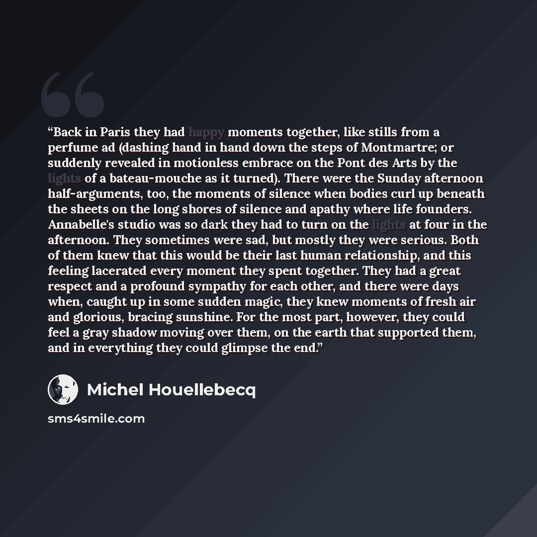 “Back in Paris they had happy moments together, like stills from a perfume ad (dashing hand in hand down the steps of Montmartre; or suddenly revealed in motionless embrace on the Pont des Arts by the lights of a bateau-mouche as it turned). There were the Sunday afternoon half-arguments, too, the…” quote by Michel Houellebecq