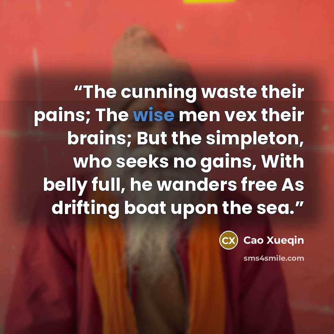 “The cunning waste their pains; The wise men vex their brains; But the simpleton, who seeks no gains, With belly full, he wanders free As drifting boat upon the sea.” quote by Cao Xueqin