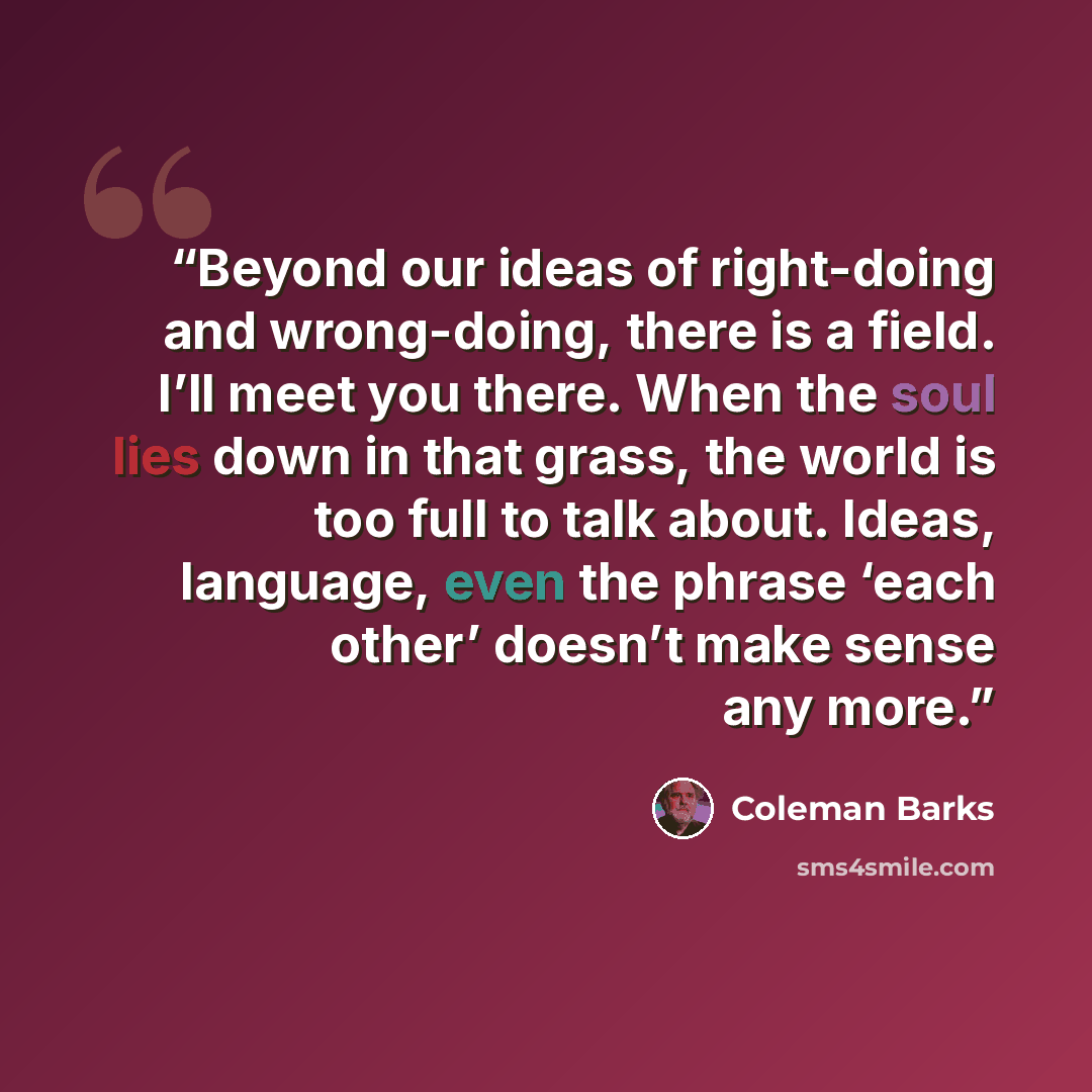 “Beyond our ideas of right-doing and wrong-doing, there is a field. I’ll meet you there. When the soul lies down in that grass, the world is too full to talk about. Ideas, language, even the phrase ‘each other’ doesn’t make sense any more.” quote by Coleman Barks
