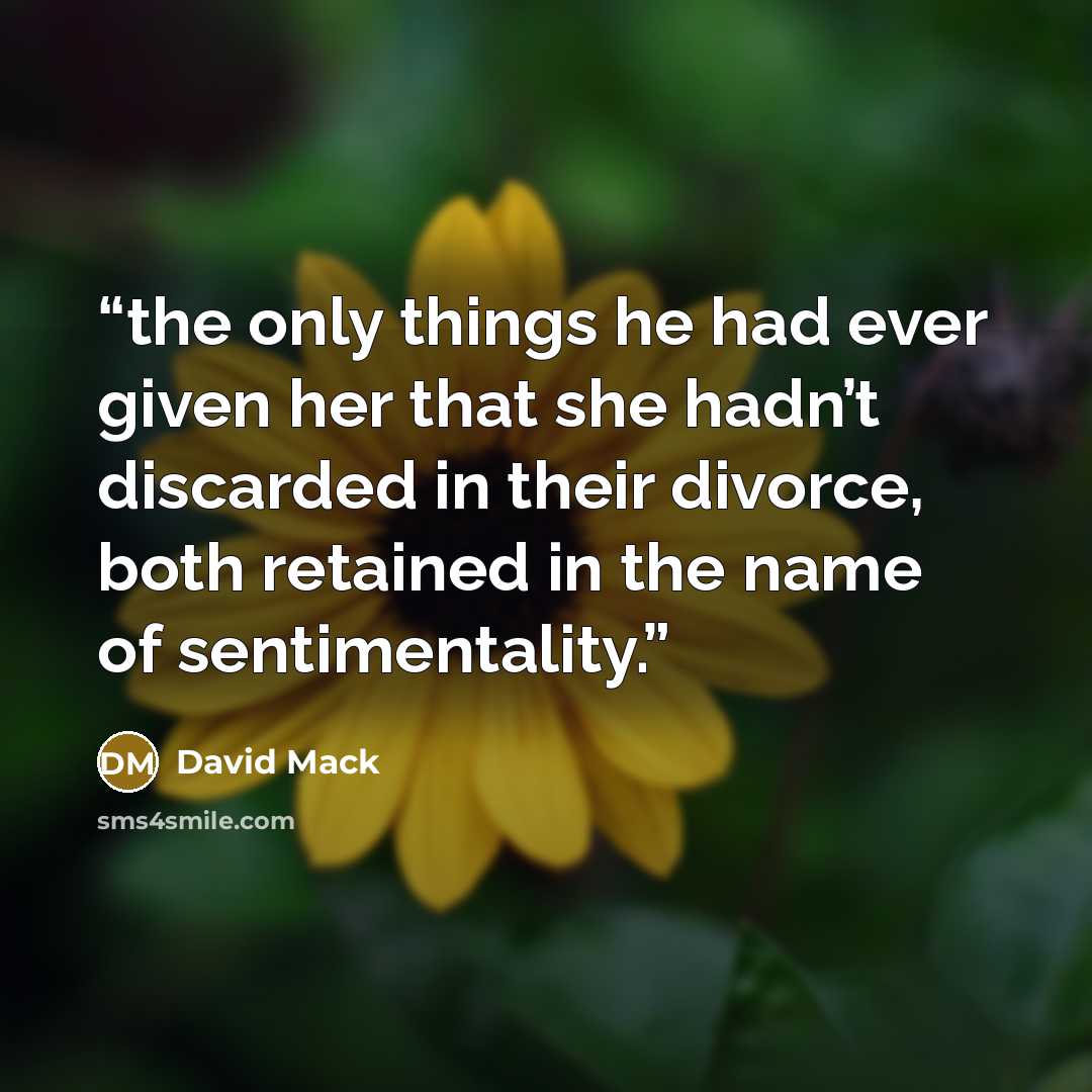 “the only things he had ever given her that she hadn’t discarded in their divorce, both retained in the name of sentimentality.” quote by David Mack