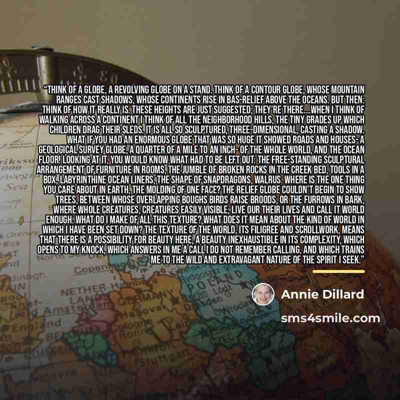 “Think of a globe, a revolving globe on a stand. Think of a contour globe, whose mountain ranges cast shadows, whose continents rise in bas-relief above the oceans. But then: think of how it really is. These heights are just suggested; they’re there….when I think of walking across a continent I…” quote by Annie Dillard