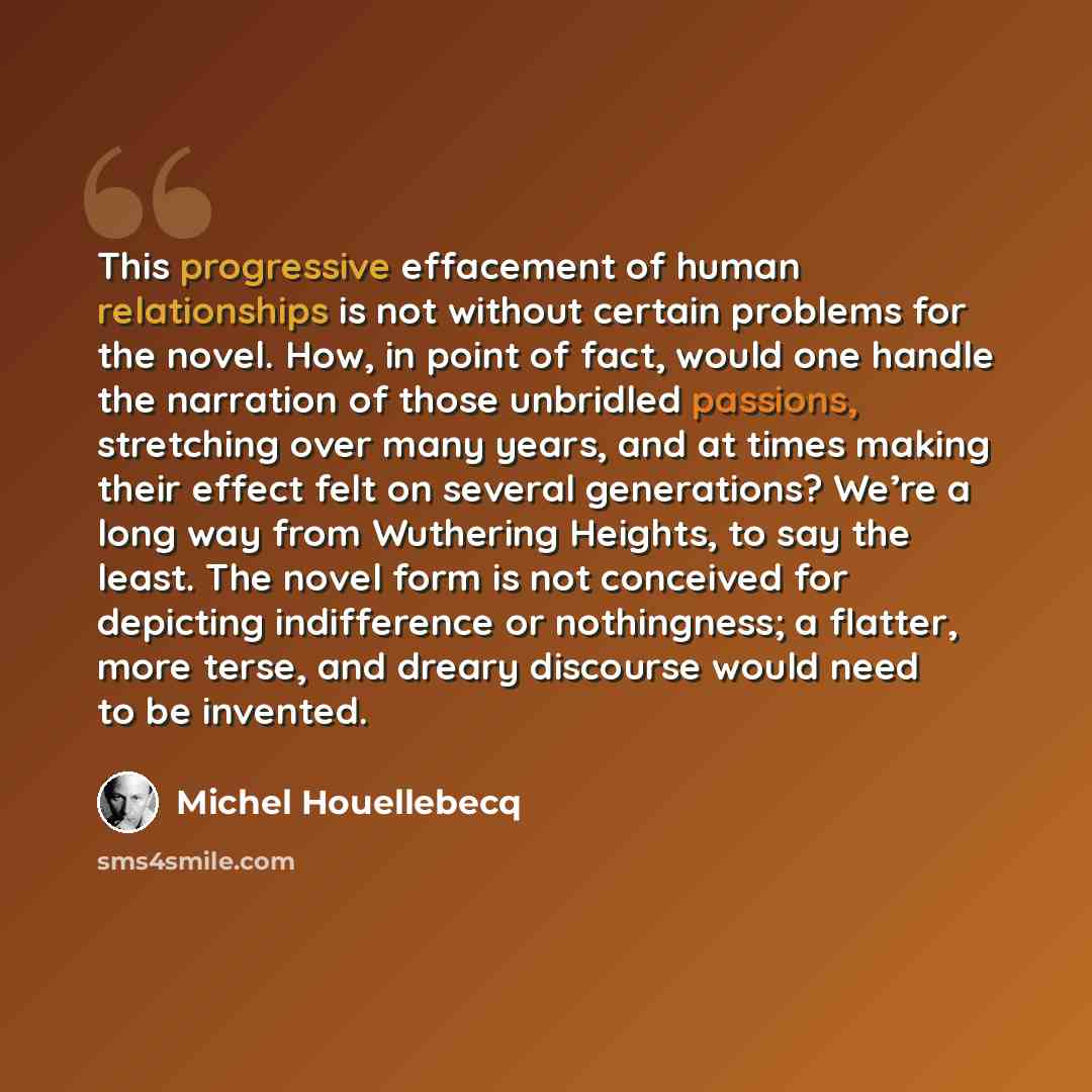 “This progressive effacement of human relationships is not without certain problems for the novel. How, in point of fact, would one handle the narration of those unbridled passions, stretching over many years, and at times making their effect felt on several generations? We’re a long way from…” quote by Michel Houellebecq