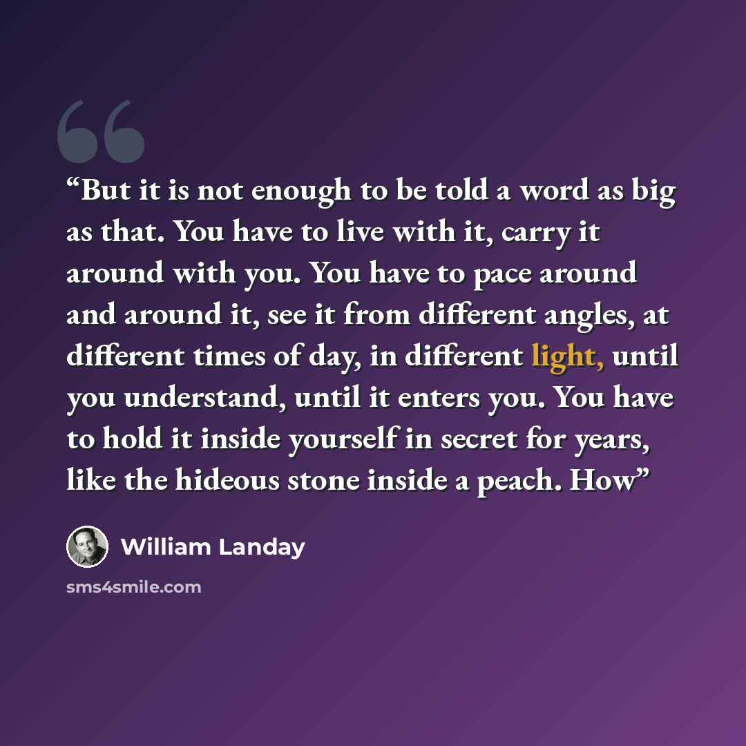 “But it is not enough to be told a word as big as that. You have to live with it, carry it around with you. You have to pace around and around it, see it from different angles, at different times of day, in different light, until you understand, until it enters you. You have to hold it inside…” quote by William Landay