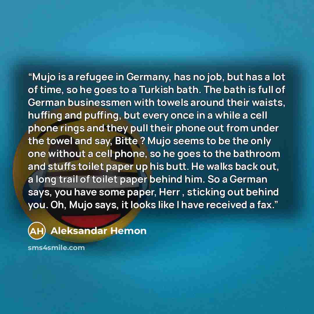“Mujo is a refugee in Germany, has no job, but has a lot of time, so he goes to a Turkish bath. The bath is full of German businessmen with towels around their waists, huffing and puffing, but every once in a while a cell phone rings and they pull their phone out from under the towel and say, Bitte…” quote by Aleksandar Hemon