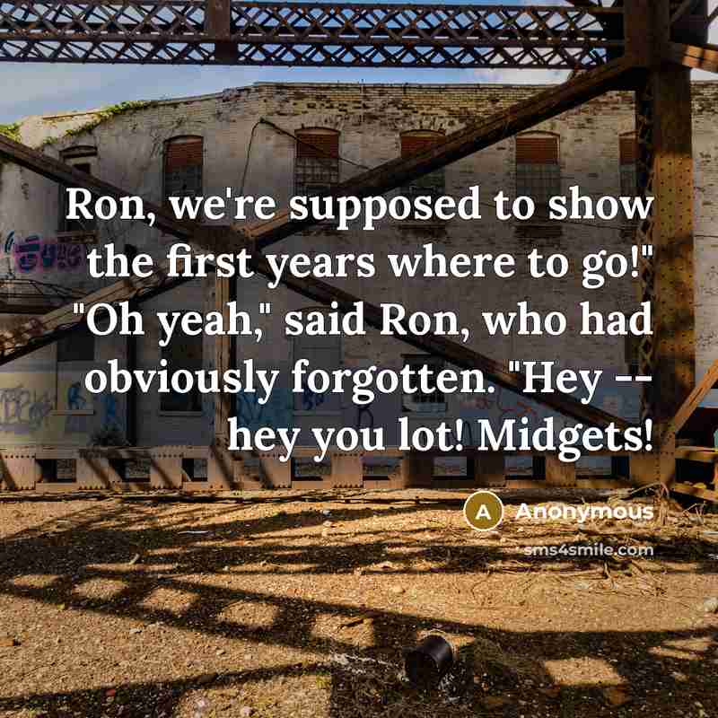 “Ron, we're supposed to show the first years where to go!" "Oh yeah," said Ron, who had obviously forgotten. "Hey -- hey you lot! Midgets!” quote by Anonymous