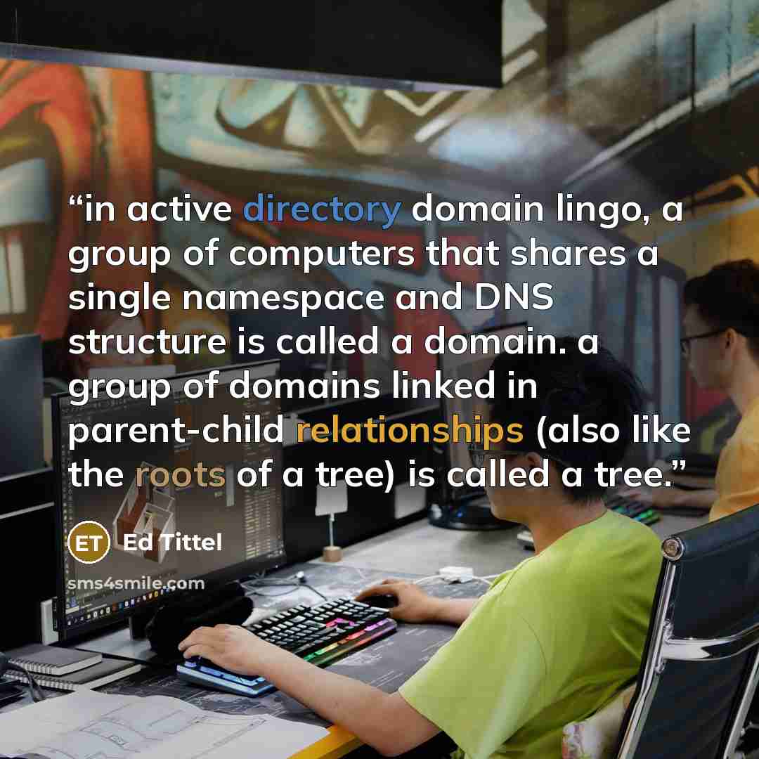 “in active directory domain lingo, a group of computers that shares a single namespace and DNS structure is called a domain. a group of domains linked in parent-child relationships (also like the roots of a tree) is called a tree.” quote by Ed Tittel