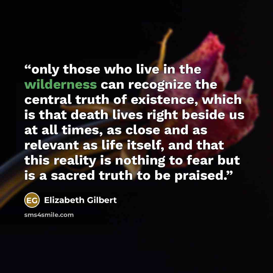 “only those who live in the wilderness can recognize the central truth of existence, which is that death lives right beside us at all times, as close and as relevant as life itself, and that this reality is nothing to fear but is a sacred truth to be praised.” quote by Elizabeth Gilbert