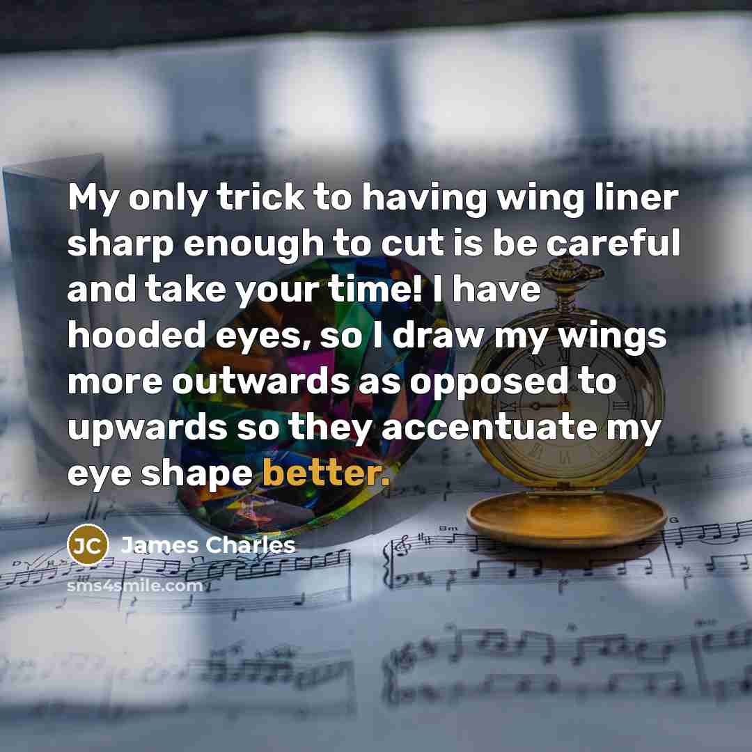 “My only trick to having wing liner sharp enough to cut is be careful and take your time! I have hooded eyes, so I draw my wings more outwards as opposed to upwards so they accentuate my eye shape better.” quote by James Charles