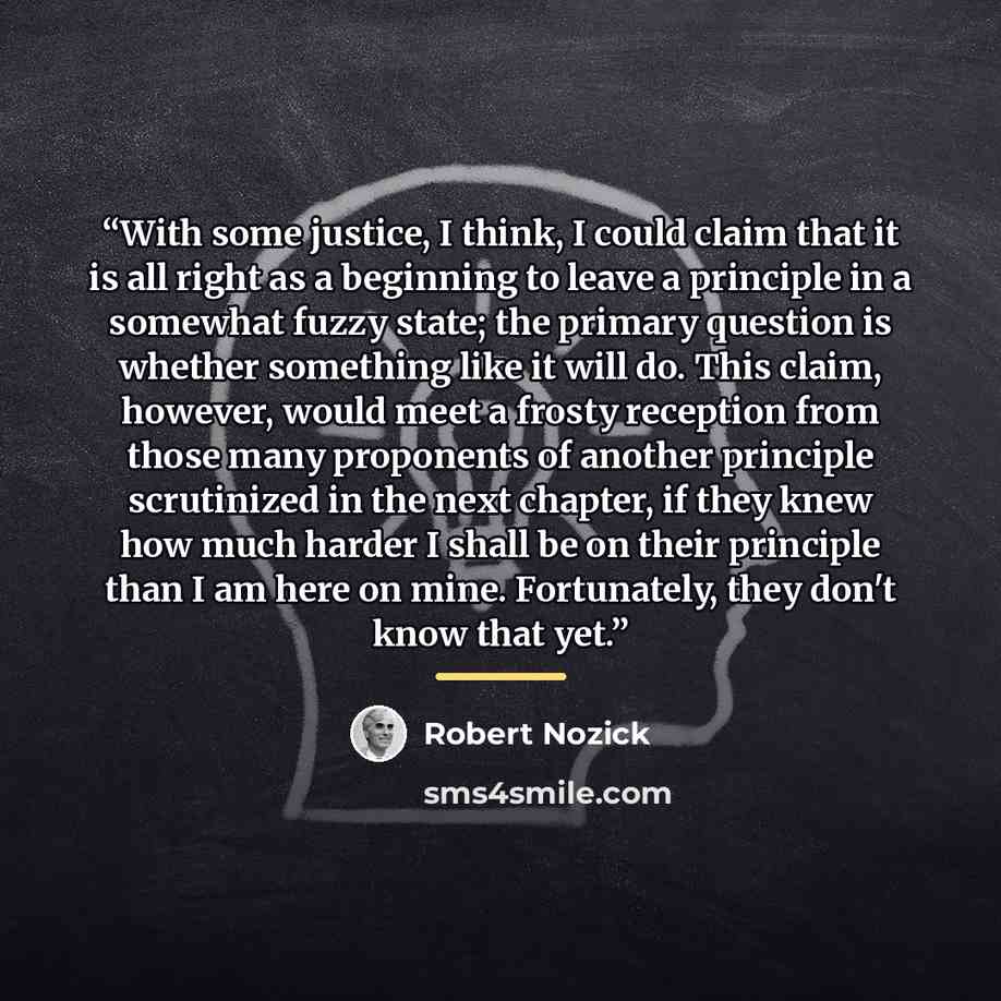 “With some justice, I think, I could claim that it is all right as a beginning to leave a principle in a somewhat fuzzy state; the primary question is whether something like it will do. This claim, however, would meet a frosty reception from those many proponents of another principle scrutinized in…” quote by Robert Nozick