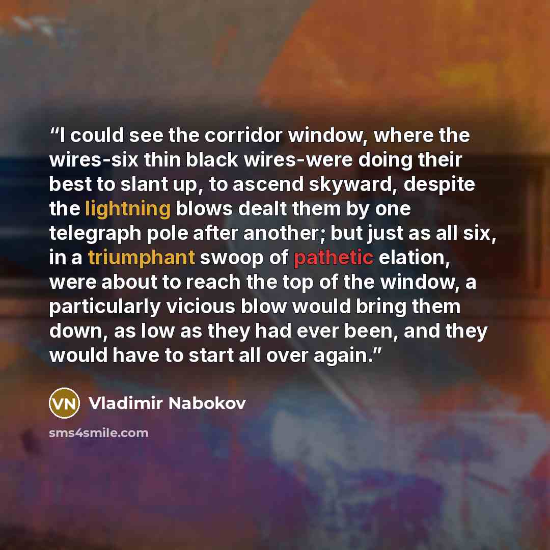“I could see the corridor window, where the wires-six thin black wires-were doing their best to slant up, to ascend skyward, despite the lightning blows dealt them by one telegraph pole after another; but just as all six, in a triumphant swoop of pathetic elation, were about to reach the top of the…” quote by Vladimir Nabokov