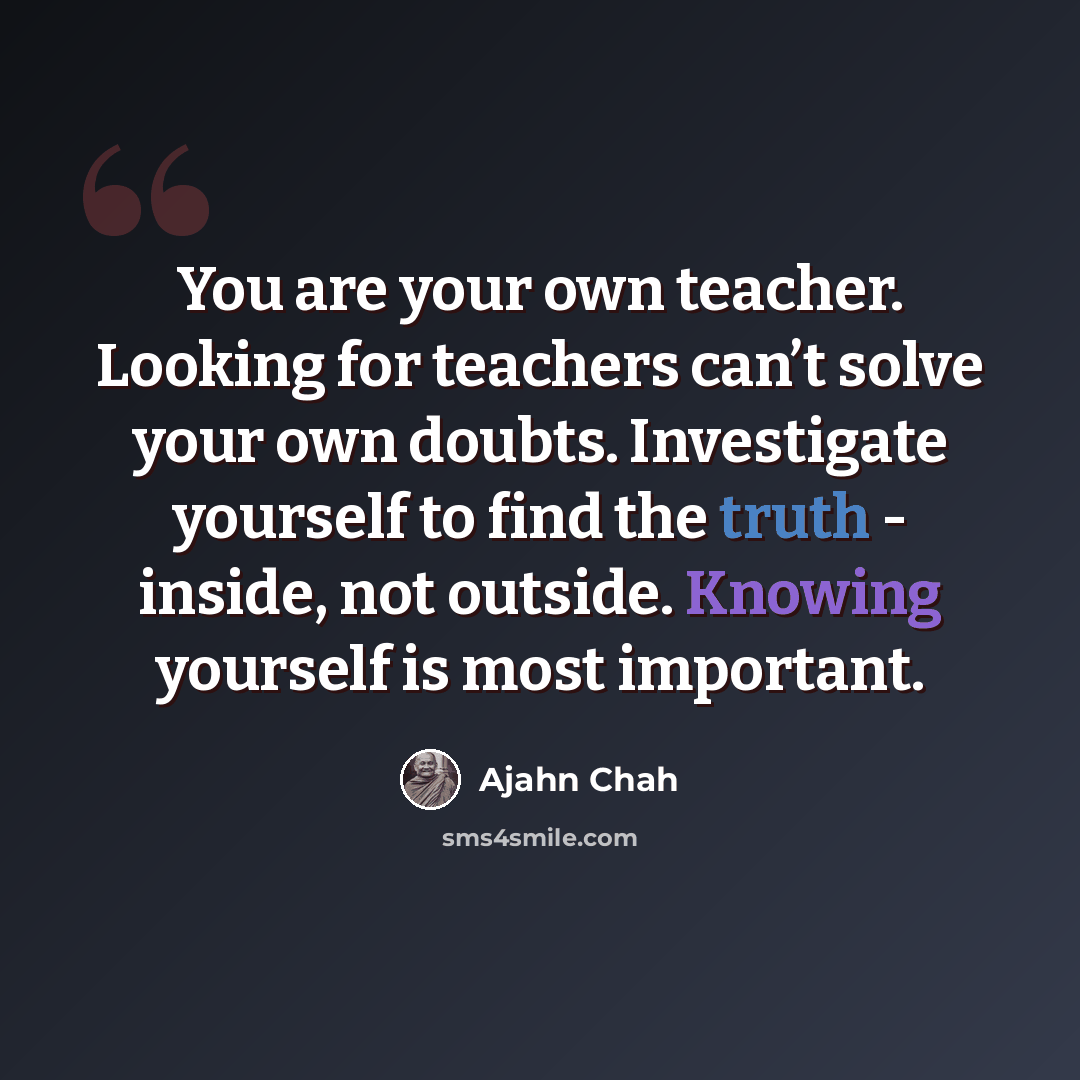 “You are your own teacher. Looking for teachers can’t solve your own doubts. Investigate yourself to find the truth - inside, not outside. Knowing yourself is most important.” quote by Ajahn Chah