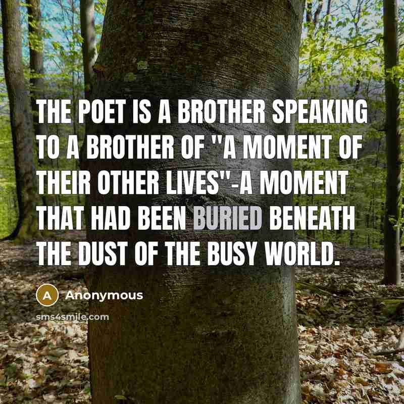 “The poet is a brother speaking to a brother of "a moment of their other lives"-a moment that had been buried beneath the dust of the busy world.” quote by Anonymous