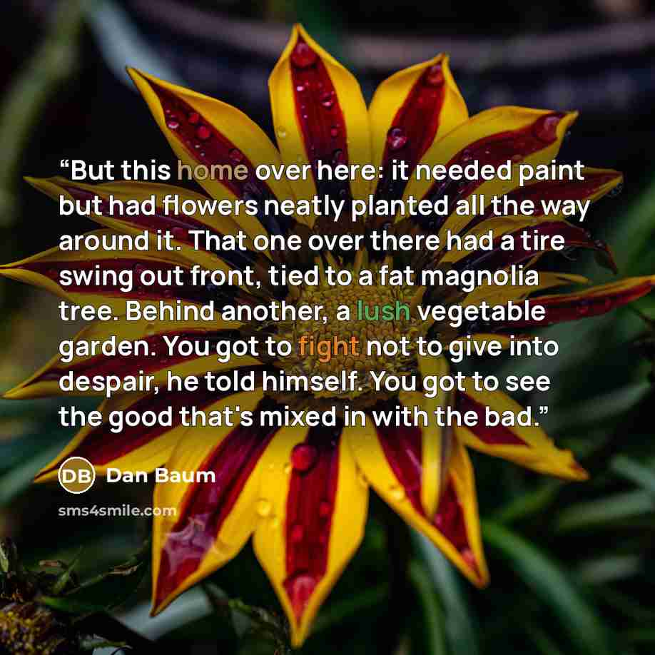 “But this home over here: it needed paint but had flowers neatly planted all the way around it. That one over there had a tire swing out front, tied to a fat magnolia tree. Behind another, a lush vegetable garden. You got to fight not to give into despair, he told himself. You got to see the good…” quote by Dan Baum