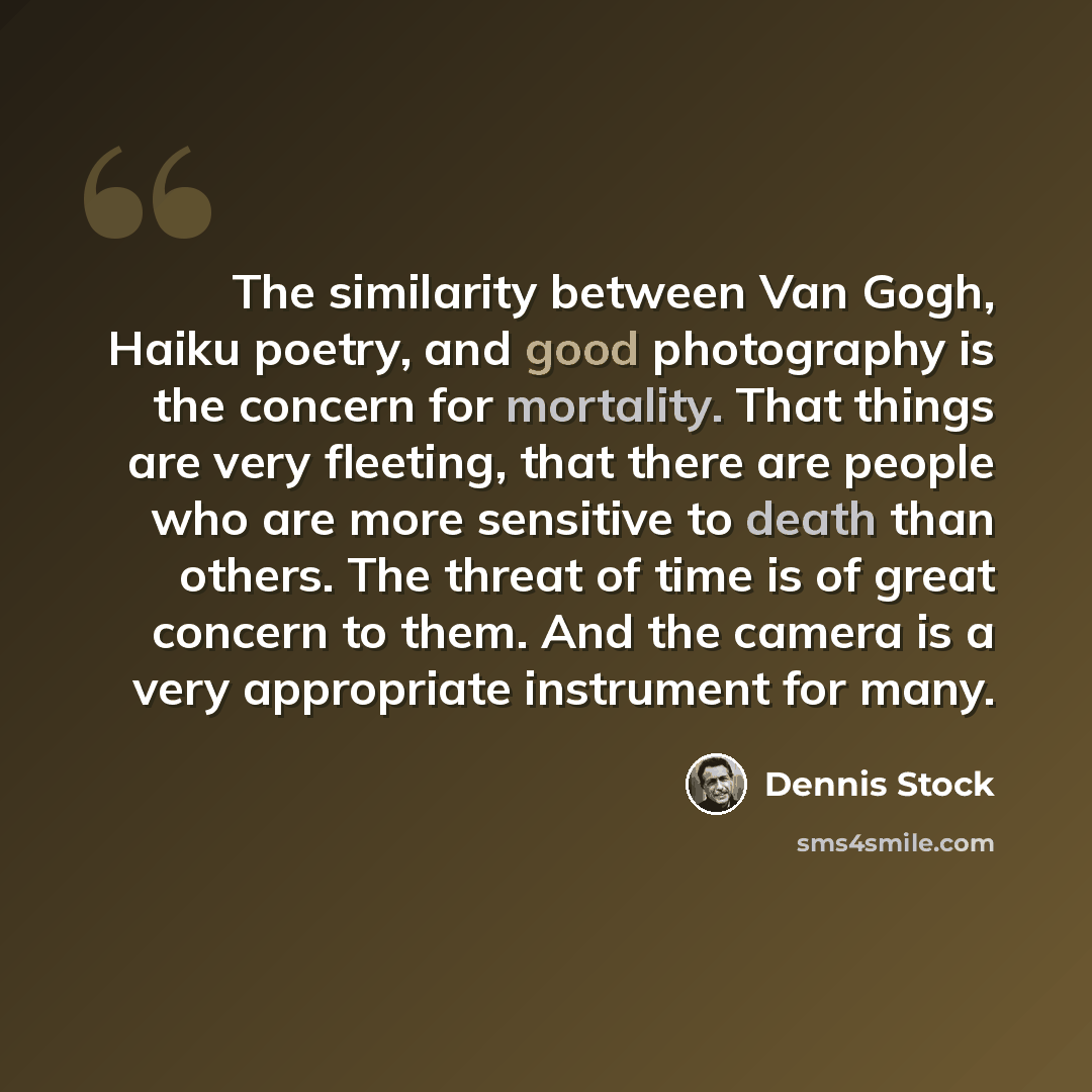 “The similarity between Van Gogh, Haiku poetry, and good photography is the concern for mortality. That things are very fleeting, that there are people who are more sensitive to death than others. The threat of time is of great concern to them. And the camera is a very appropriate instrument for…” quote by Dennis Stock