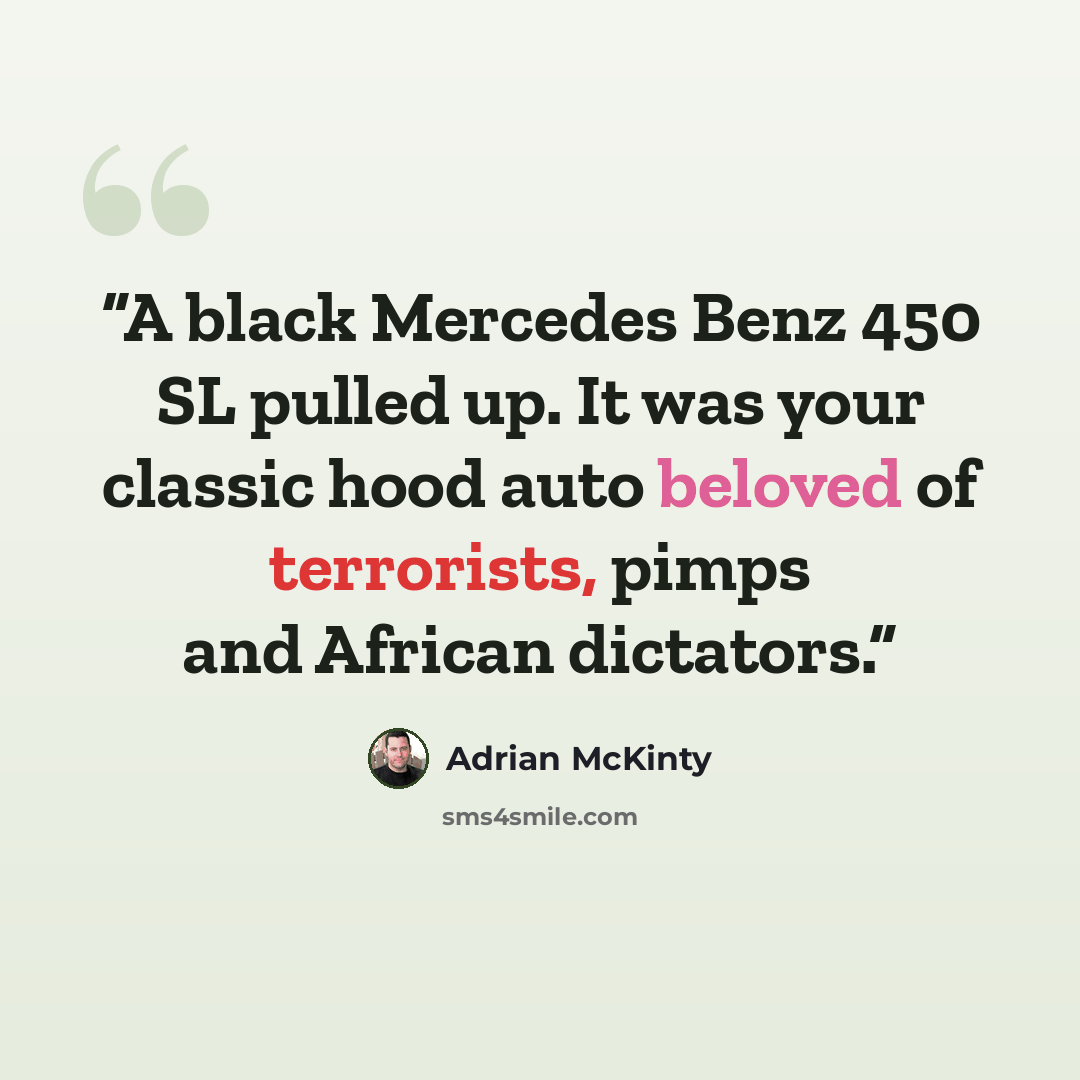 “A black Mercedes Benz 450 SL pulled up. It was your classic hood auto beloved of terrorists, pimps and African dictators.” quote by Adrian McKinty