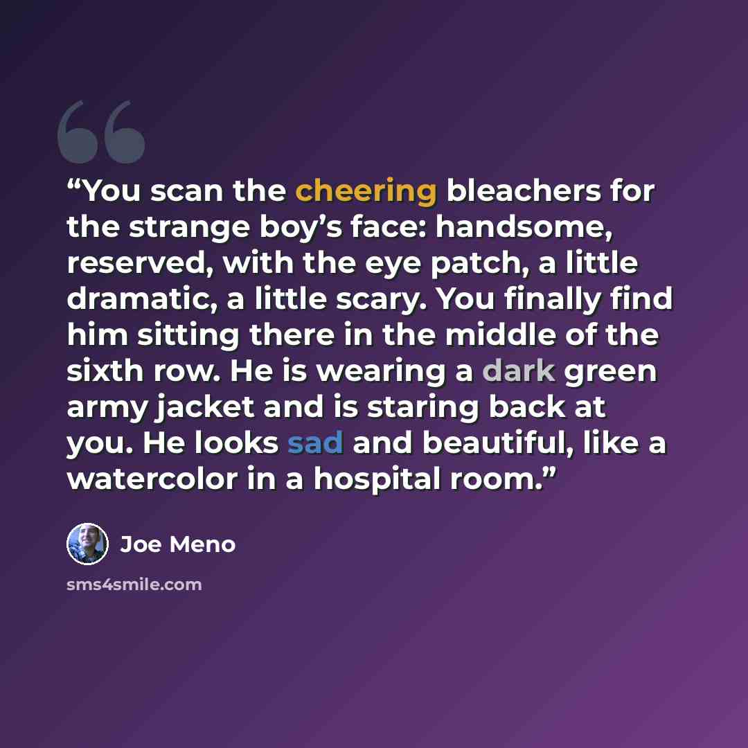 “You scan the cheering bleachers for the strange boy’s face: handsome, reserved, with the eye patch, a little dramatic, a little scary. You finally find him sitting there in the middle of the sixth row. He is wearing a dark green army jacket and is staring back at you. He looks sad and beautiful…” quote by Joe Meno